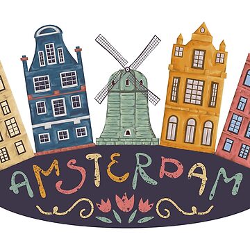 Artwork thumbnail, Amsterdam. Old historic buildings and traditional architecture of Netherlands. Windmill and houses with hand drawn lettering. by kateja