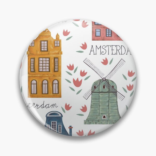 Item preview, Amsterdam. Seamless pattern with old historic buildings and traditional architecture of Netherlands. Windmill and houses with tulip flowers.  designed and sold by kateja.