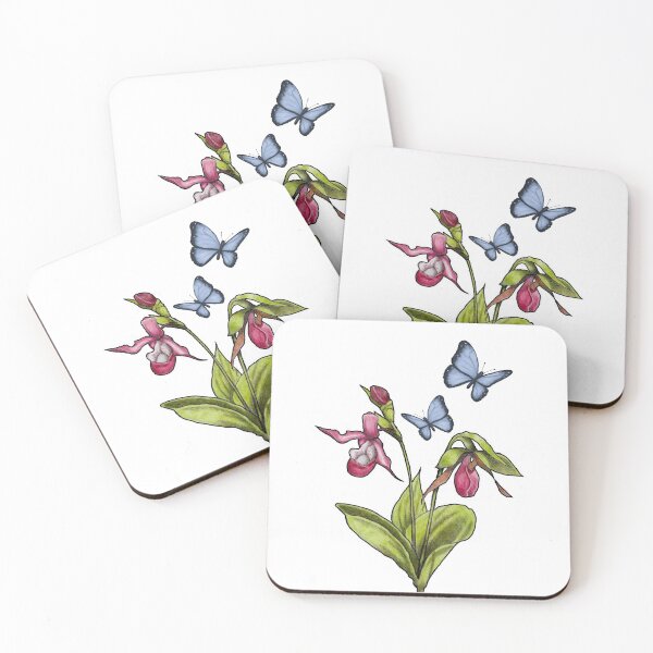 Item preview, Ladyslipper Flower With Blue Butterflies, Wildlife Art designed and sold by JoyfulWhimsy.