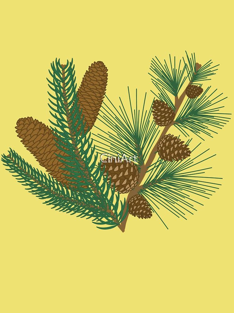 Natural pattern of pine cones and evergreen branches in green and brown  with yellow background Kids T-Shirt for Sale by CiniArt