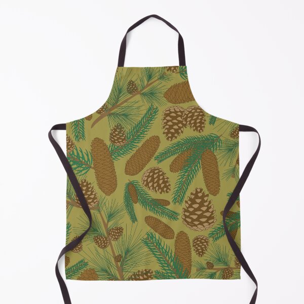 Item preview, Natural pattern of pine cones and evergreen branches in green and brown with yellow background designed and sold by CiniArt.