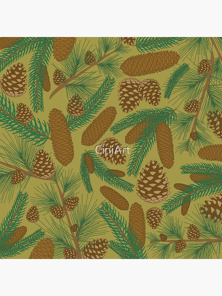 Natural pattern of pine cones and evergreen branches in green and
