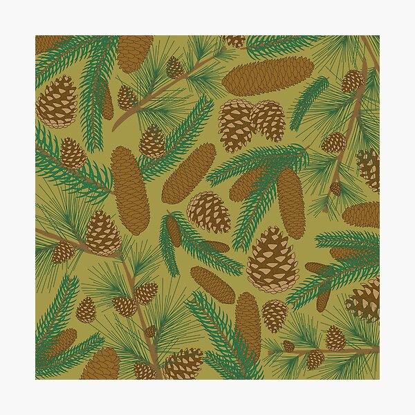 Item preview, Natural pattern of pine cones and evergreen branches in green and brown with yellow background designed and sold by CiniArt.