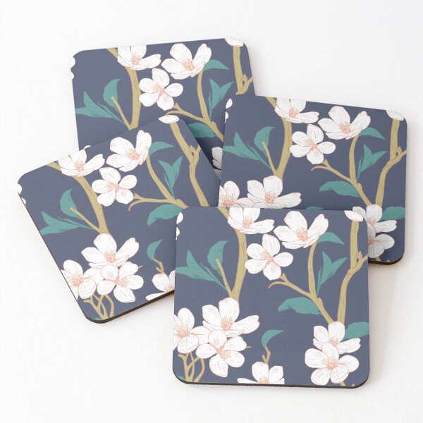 Item preview, White Cherry Blossoms On Navy Background designed and sold by cgroenewald.