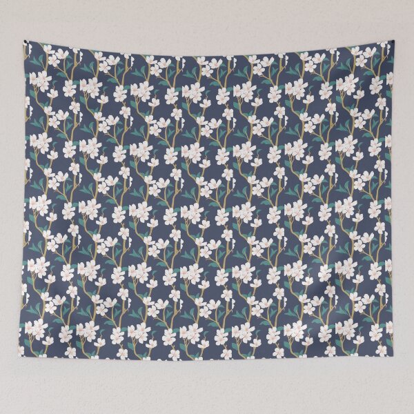 Item preview, White Cherry Blossoms On Navy Background designed and sold by cgroenewald.
