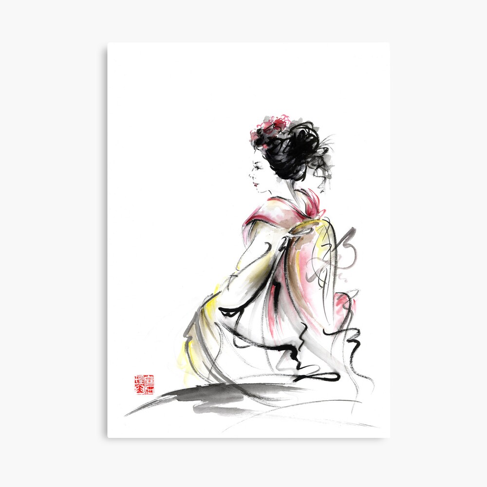 Old Japanese Watercolor Painting of a Geisha Woman in Her Kimono