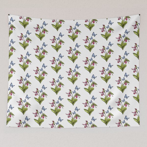 Item preview, Ladyslipper Flower With Blue Butterflies, Wildlife Art designed and sold by JoyfulWhimsy.