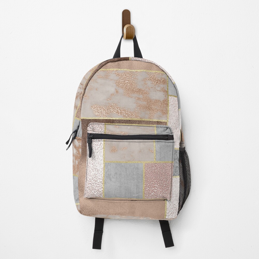 Copper and Blush Rose Gold Marble Quadrangle Plaid Pattern Backpack