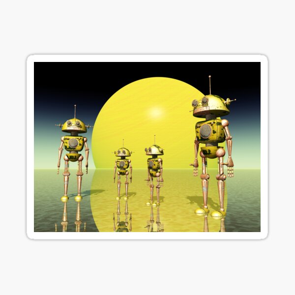 Gelber Planet mit Robotern, Science Fiction Sticker