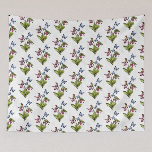Item preview, Ladyslipper Flower With Blue Butterflies, Wildlife Art, Tiny Dots designed and sold by JoyfulWhimsy.