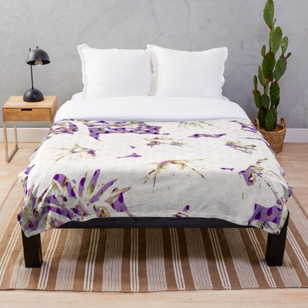 Floral White on Purple with Raindrops Throw Blanket