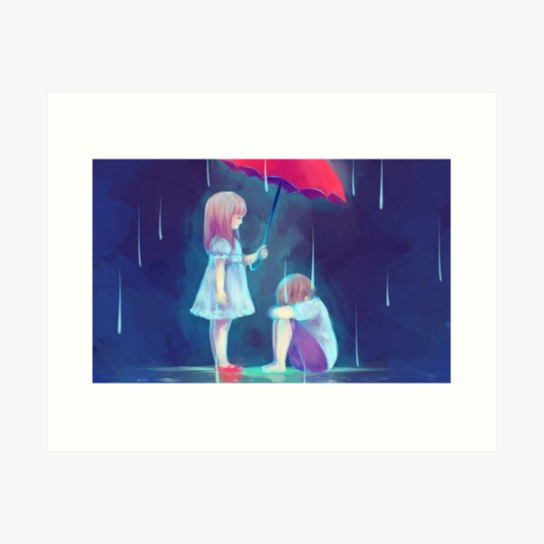 Girl and boy in the rain Art Print