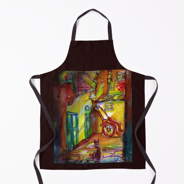 Item preview, MEDIEVAL ALLEY BY NIGHT IN FLORENCE WITH BLACK CAT AND RED WHEELBARROW designed and sold by BulganLumini.