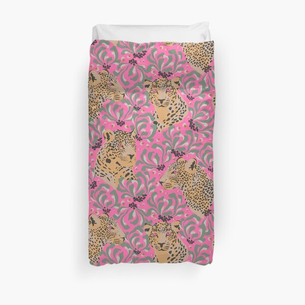 Leopards In The Jungle On A Pink Background Duvet Cover