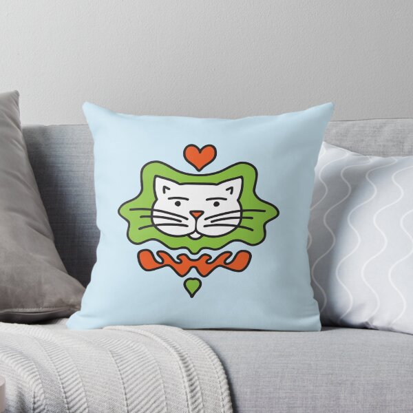 Cute Cartoon Cat with heart - Orange and Green in blue background Throw Pillow