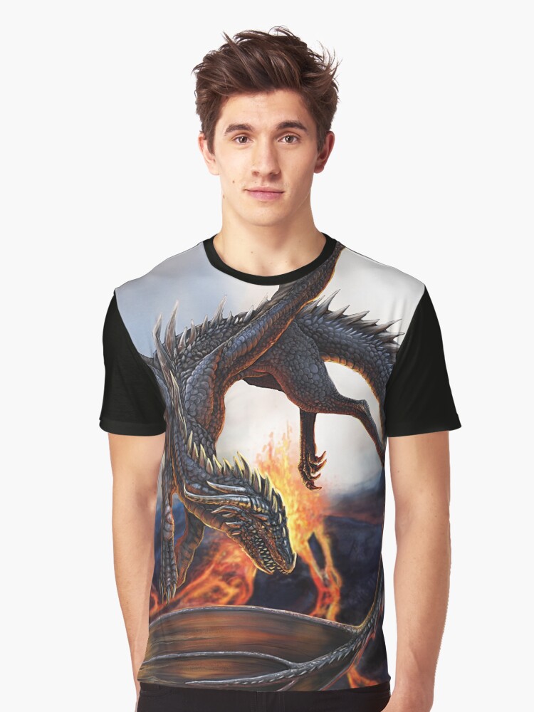 Obsidian Dragon Flying Over an Erupting Volcano