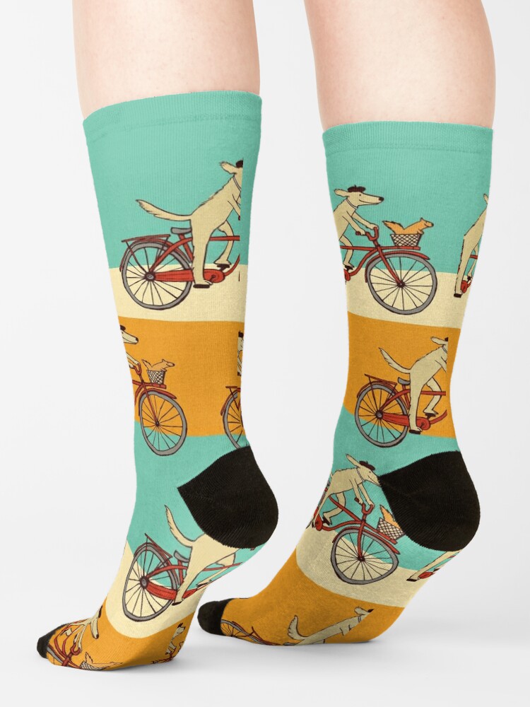 Alternate view of Dog and Squirrel are Friends | Whimsical Animal Art | Dog Riding a Bicycle Socks