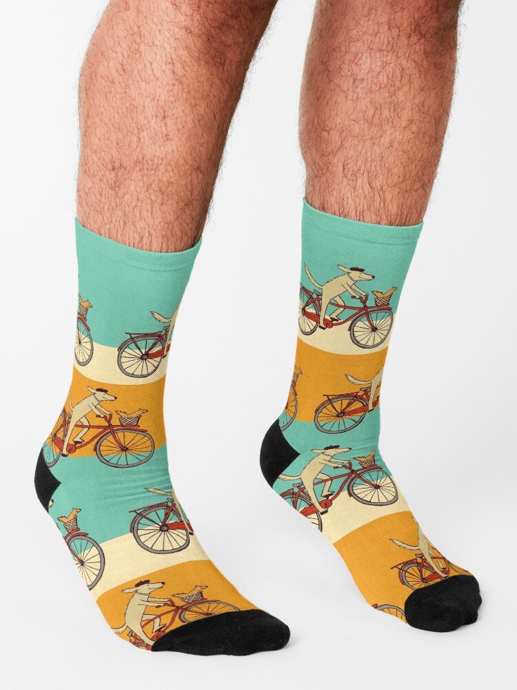 Alternate view of Dog and Squirrel are Friends | Whimsical Animal Art | Dog Riding a Bicycle Socks