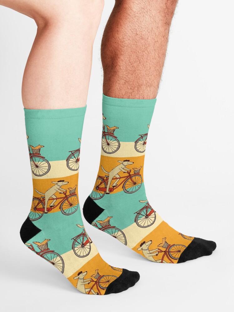 Alternate view of Dog and Squirrel are Friends | Whimsical Animal Art | Dog Riding a Bicycle Socks