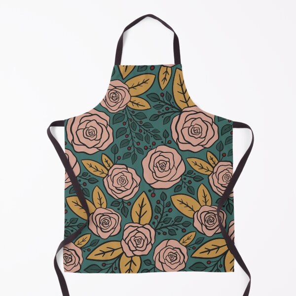 Item preview, Pink roses pattern with mustard yellow leaves and a teal background  designed and sold by NewBranchStudio.