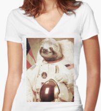 Astronaut Sloth Women's Fitted V-Neck T-Shirt