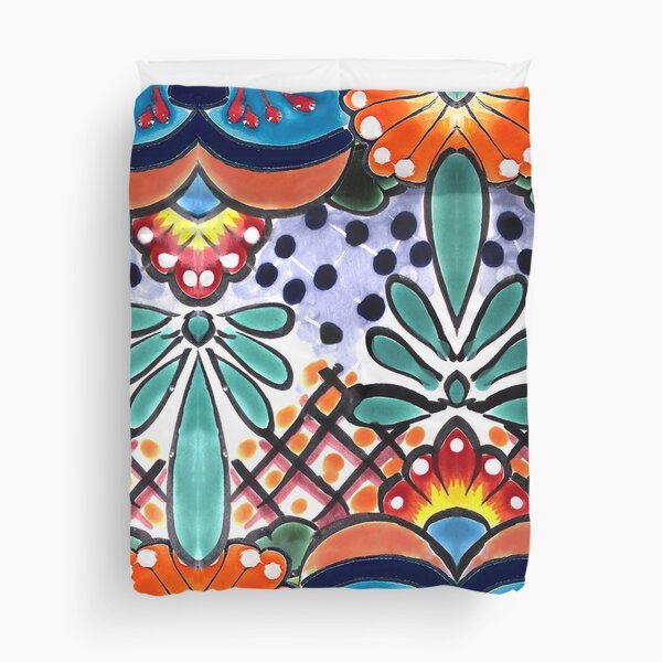 Colorful Talavera, Orange Accent, Mexican Tile Design Duvet Cover