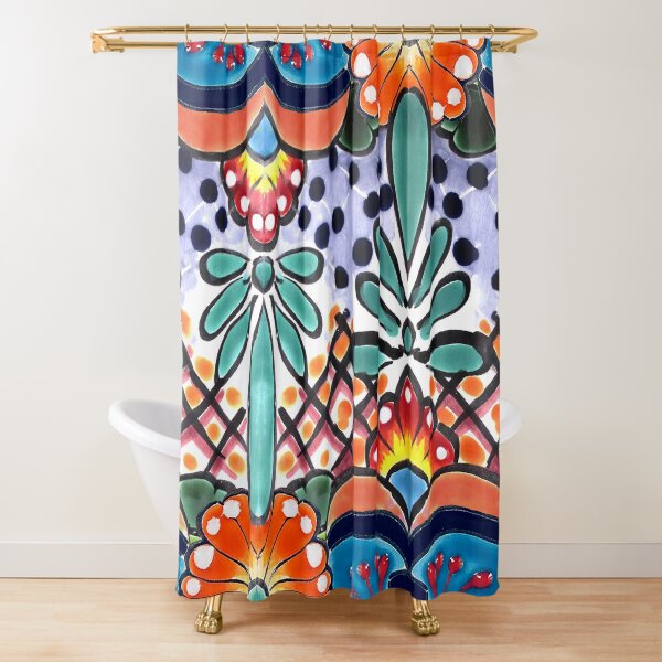 Colorful Talavera, Orange Accent, Mexican Tile Design Shower Curtain