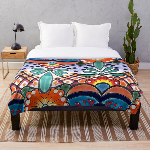 Colorful Talavera, Orange Accent, Mexican Tile Design Throw Blanket