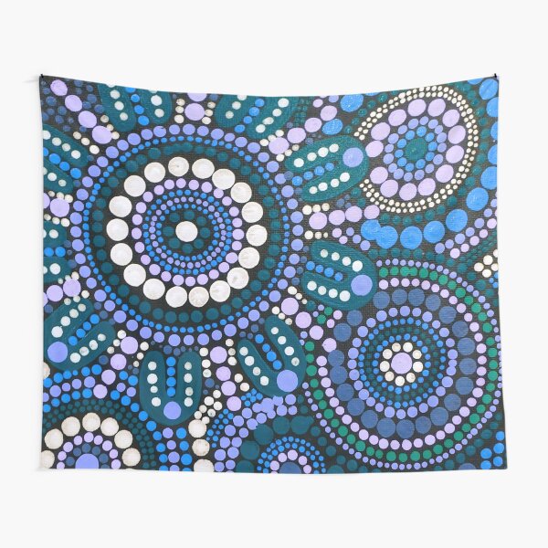 Australian Aboriginal Art Turquoise Blue Pattern Family Gathering