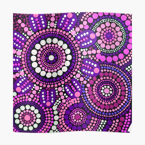 Rassemblement de famille de motifs roses d'art aborigène Poster