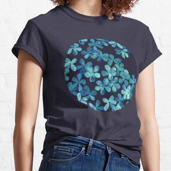 Hand Painted Floral Pattern in Teal & Navy Blue Classic T-Shirt