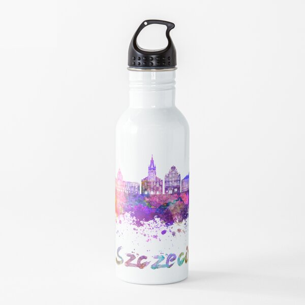 Szczecin skyline in watercolor splatters Water Bottle