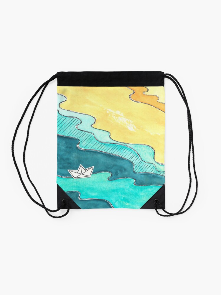 Alternate view of "Paper Boat" watercolor Drawstring Bag
