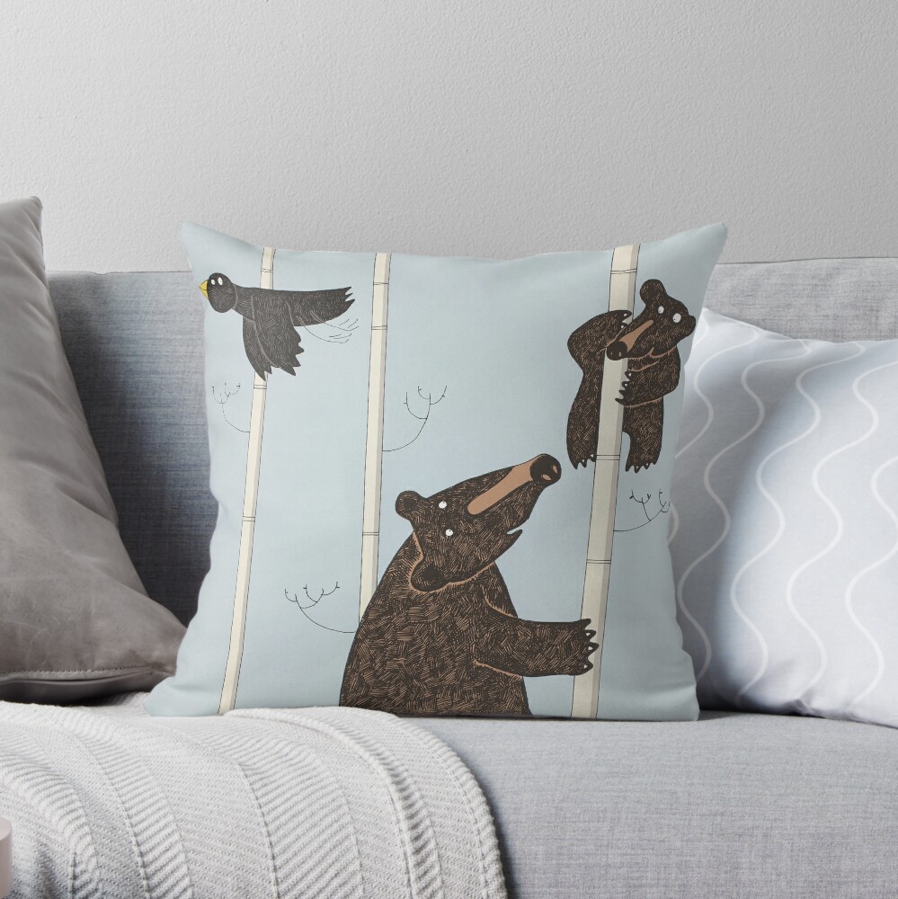 Mother & Baby Black Bear Up A Silver Birch Tree Throw Pillow