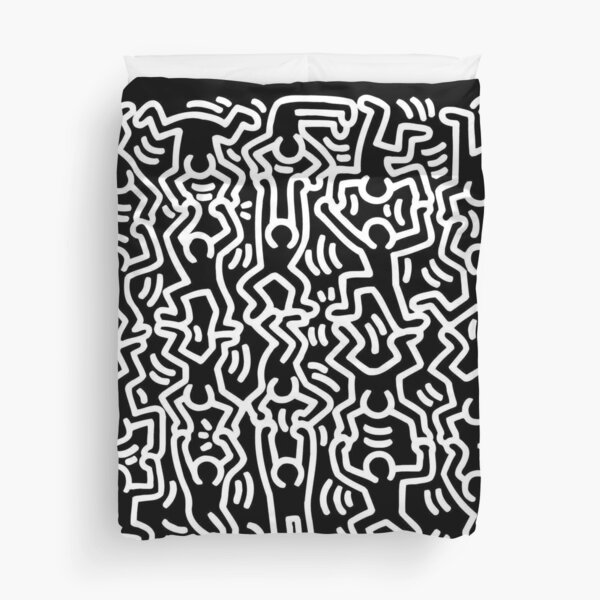 Keith Haring inspired Monochrome Figures Drawing LGBTQ+ Duvet Cover