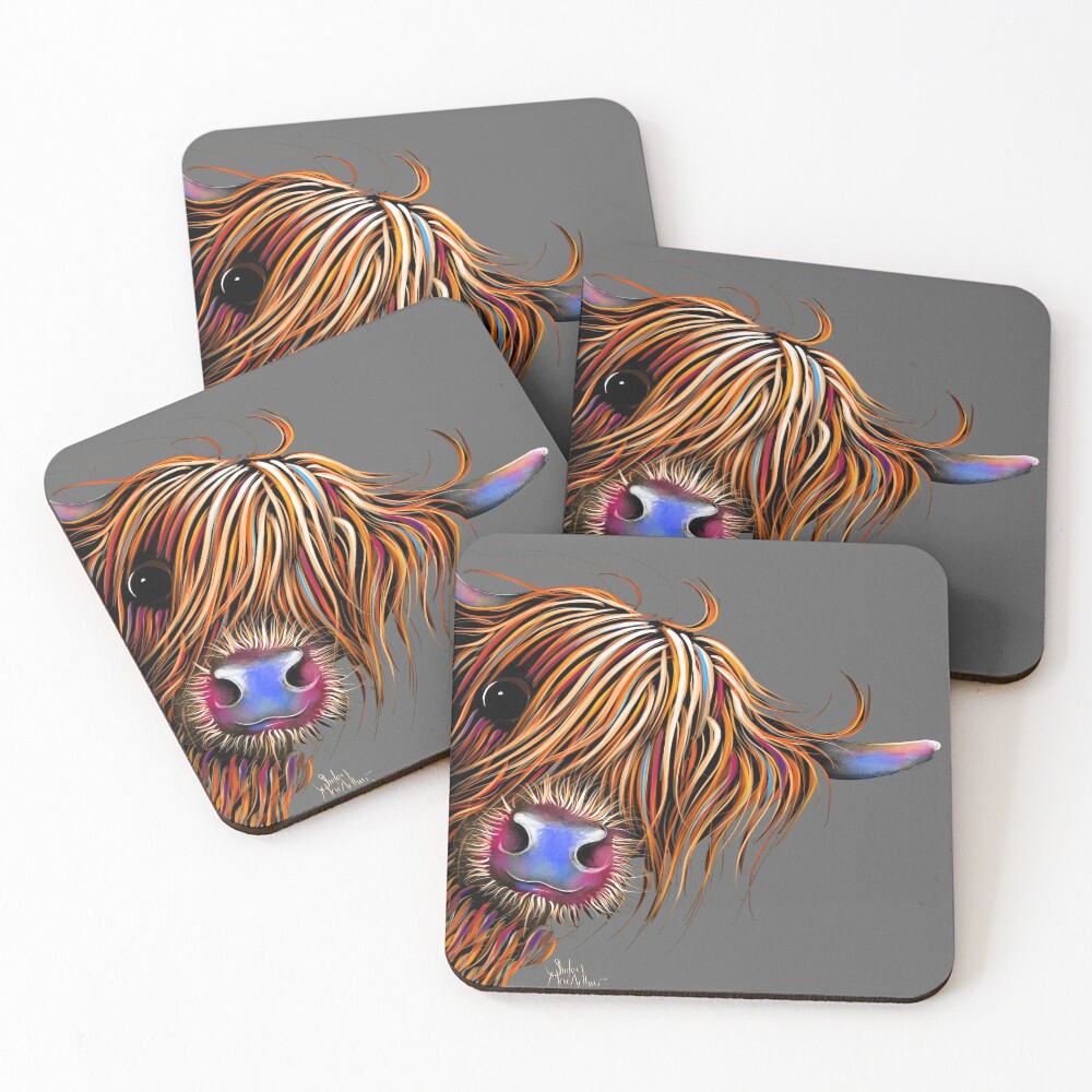 HiGHLaND CoW PRiNT SCoTTiSH ' SuGaR LuMP oN GReY ‘ BY SHiRLeY MacARTHuR Coasters (Set of 4)