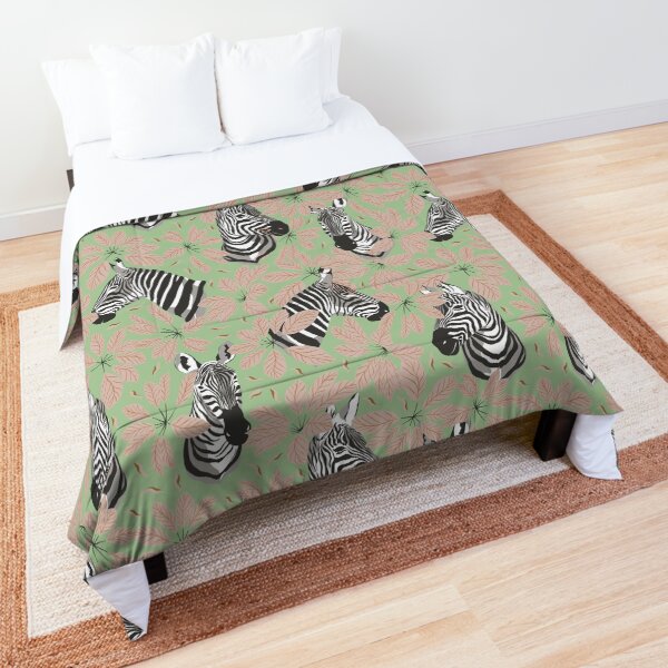 Zebras In The Jungle with Green Background Comforter
