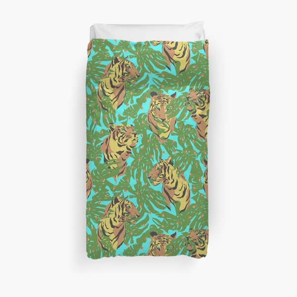 Tigers In The Jungle with Green Leaves And Sky Blue Background Duvet Cover