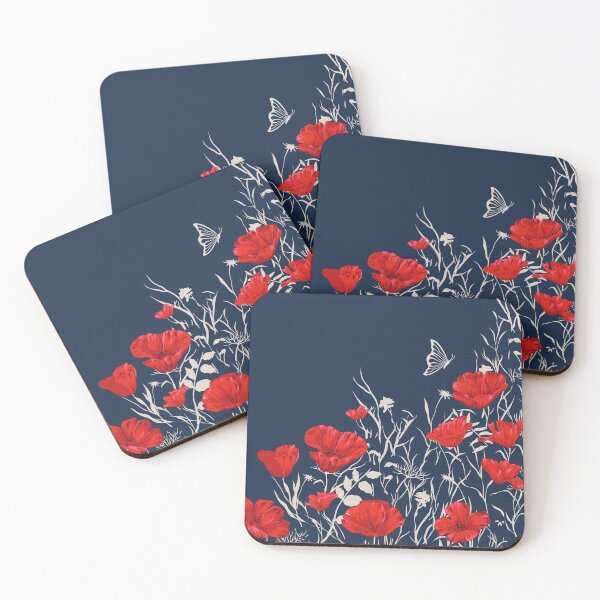 Item preview, Poppies and Butterfly Art, Navy Blue and Red, Floral Prints designed and sold by meggydesigns.
