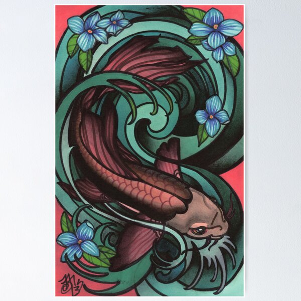 fish in water, with flowers. Poster