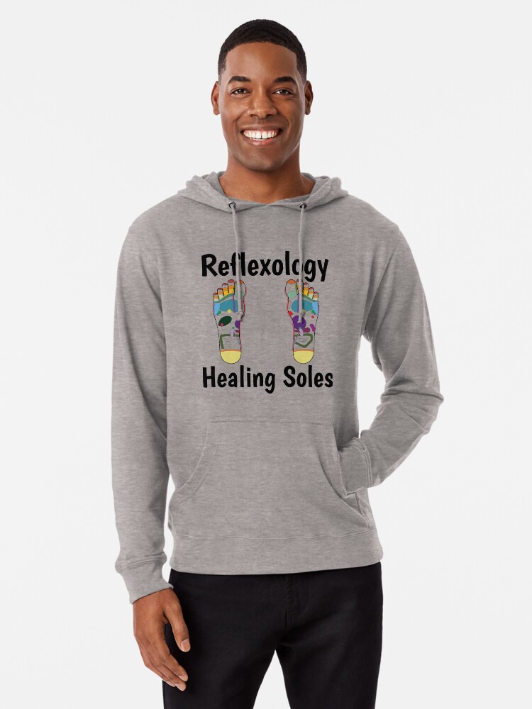 Thumbnail 1 of 5, Lightweight Hoodie, Reflexology Healing Soles (foot map) (black text) designed and sold by Onpointholistic.