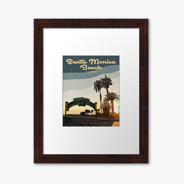 Vintage and Retro Inspired Santa Monica Pier, California Sunset Travel Poster Framed Art Print