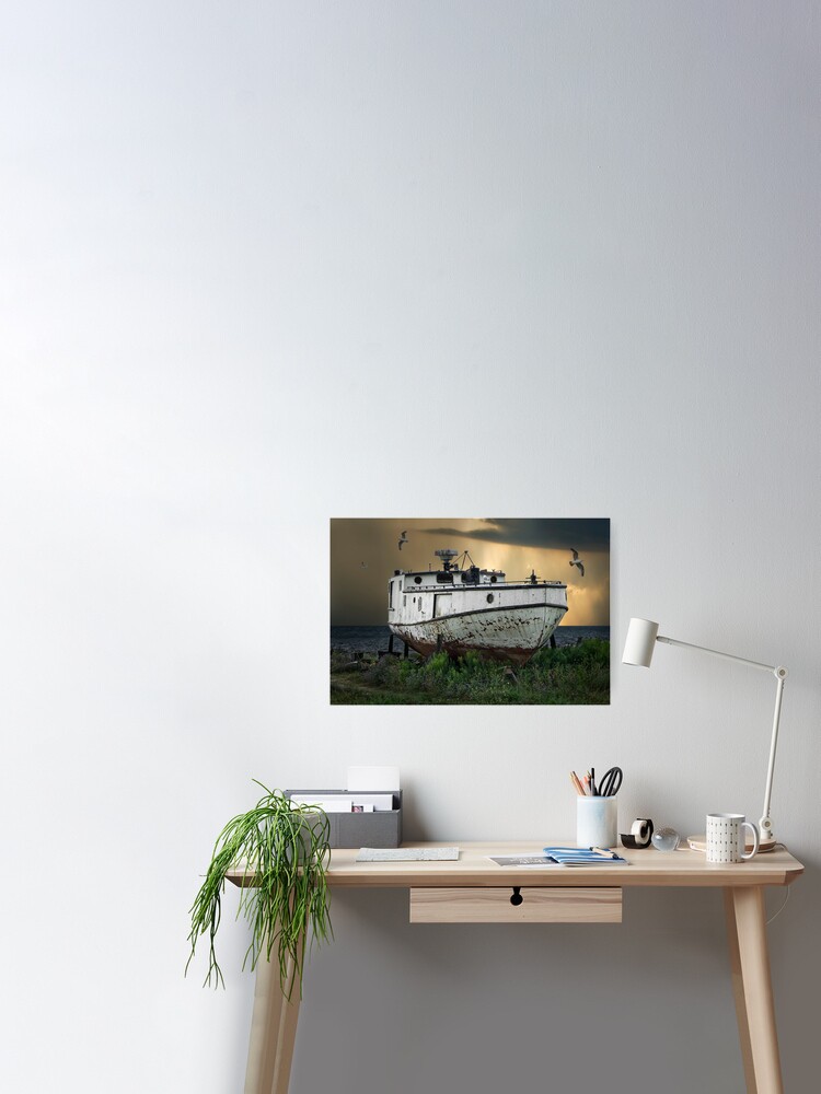 Old Fishing Boat on shore with Storm moving in Poster for Sale by Randall  Nyhof