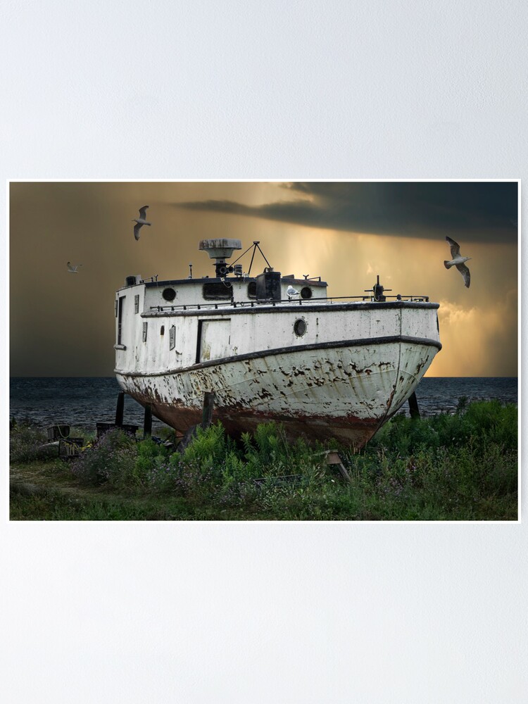 Old Fishing Boat on shore with Storm moving in Poster for Sale by Randall  Nyhof