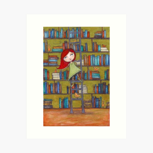 Redhead Library Girl Books and Birds Art Print