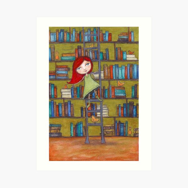 Redhead Library Girl Books and Birds Art Print