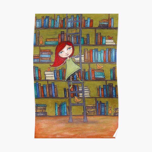 Redhead Library Girl Books and Birds Poster