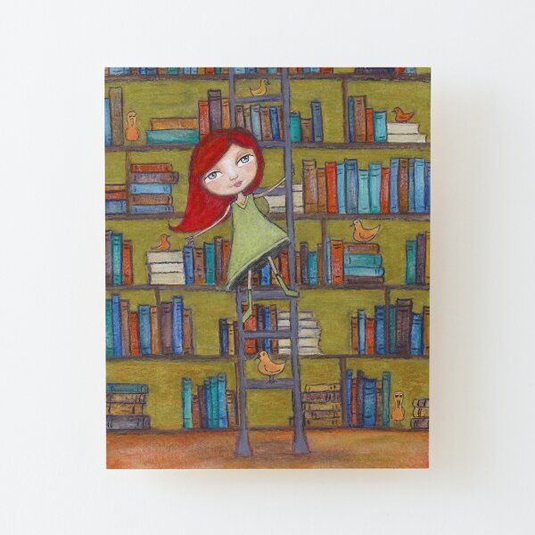 Redhead Library Girl Books and Birds Wood Mounted Print