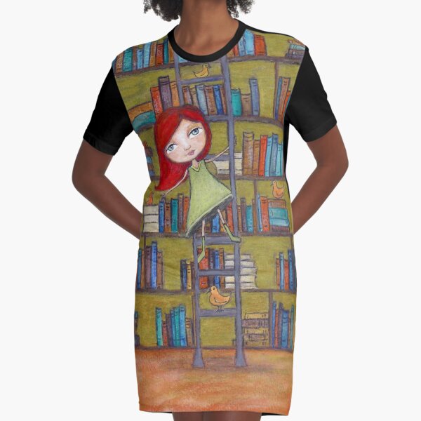 Redhead Library Girl Books and Birds Graphic T-Shirt Dress
