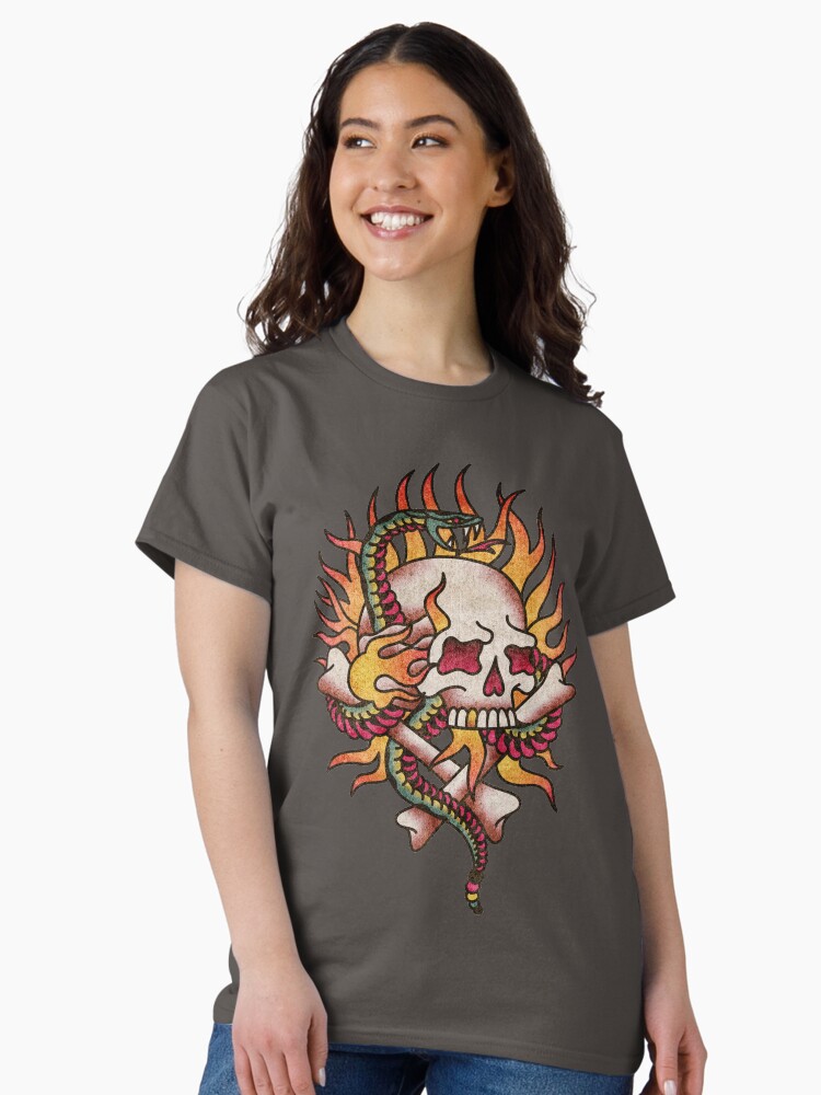 Thumbnail 2 of 7, Classic T-Shirt, Salty-Dog2 American Traditional Flaming Skull & Snake designed and sold by Salty-Dog2.